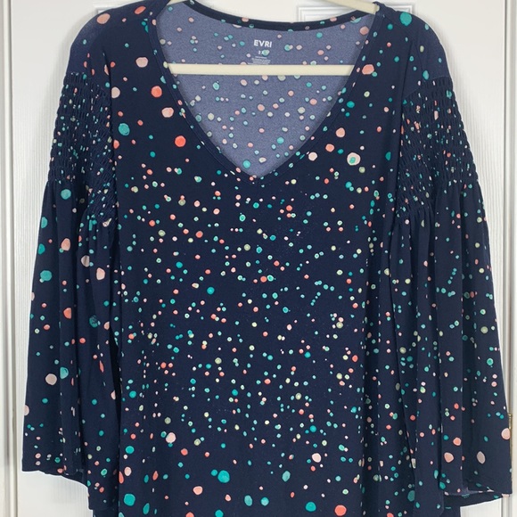 Evri navy blue bell shaped sleeves size 2X with multi colored polka dots. - Picture 2 of 5